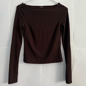 Collusion sheer slash neck brown long sleeve top